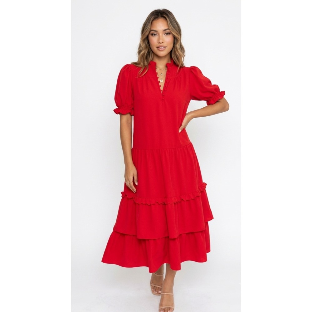 Tuckernuck Pomander Place Selena Maxi Dress Large red tiered short sleeves
